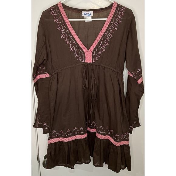 Vintage SURFACE Womens S, Brown Cover Up with waist drawstring pink embroidered - Picture 1 of 6